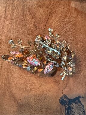 Vintage Gold-Tone Floral Rhinestone Brooch in Amber & Pink